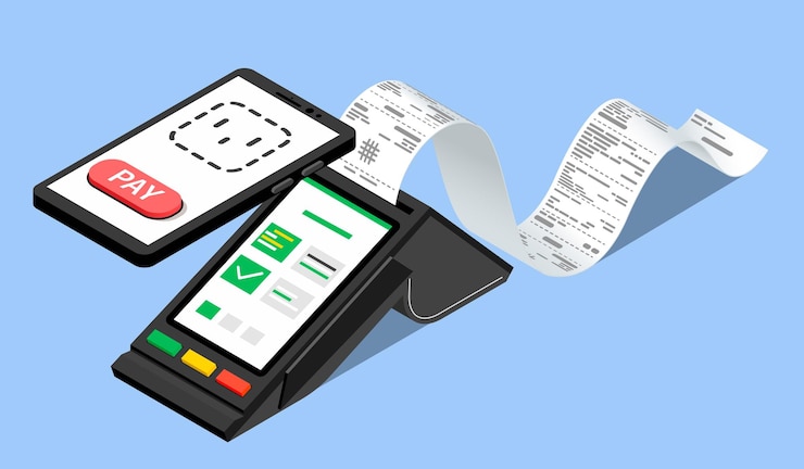 Vettore gratuito ricevuta composizione isometrica di pagamento contactless con smartphone nfc e terminale di pagamento con illustrazione vettoriale lunga striscia di carta