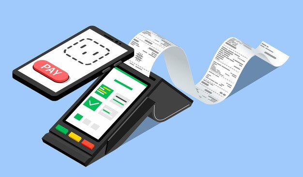 Ricevuta composizione isometrica di pagamento contactless con smartphone NFC e terminale di pagamento con illustrazione vettoriale lunga striscia di carta