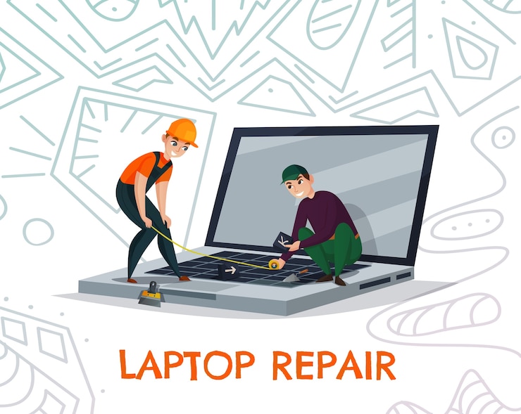 Vettore gratuito riparazione del computer portatile con simboli di lavoro di elettronica e tecnologia