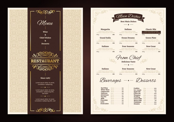 Vettore gratuito ristorante design vintage menu con cornice decorata e nastro chef piatti bevande