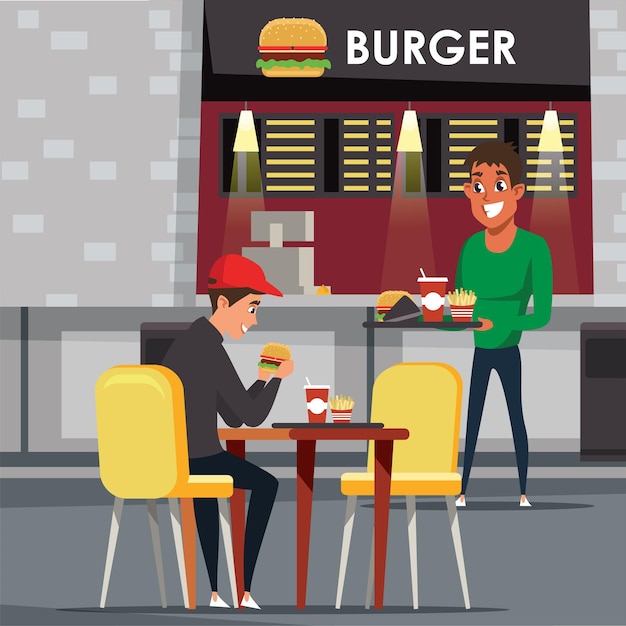 Ristorante fast food giovani clienti studenti in pausa pranzo Caffetteria ristorazione aziendale servizio da asporto con gustosi hamburger soda e patatine fritte