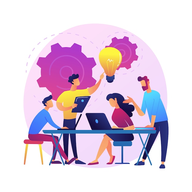 Riunione aziendale. Personaggi dei cartoni animati dei dipendenti che discutono della strategia aziendale e pianificano ulteriori azioni. Brainstorming, comunicazione formale, seminario.