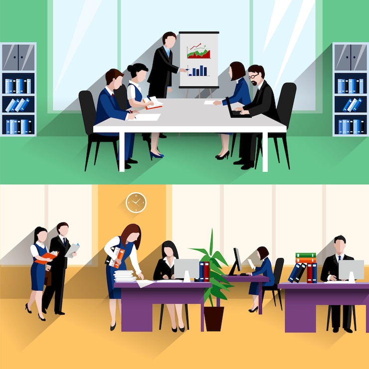 Vettore gratuito riunione di briefing quotidiano di mattina e situazione di lavoro d'ufficio due poster di composizione banner piatto