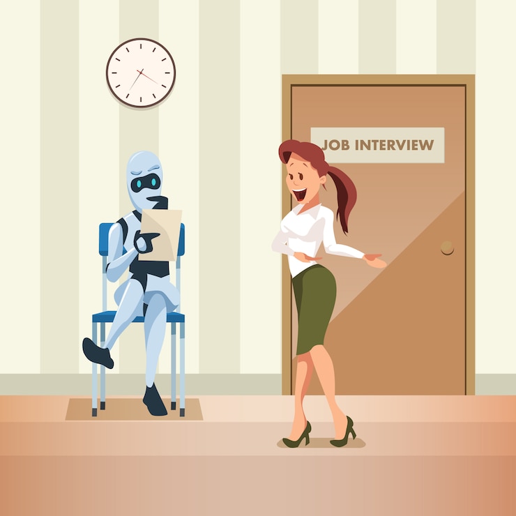 Vettore gratuito robot aspetta l'intervista di lavoro a porta nel corridoio