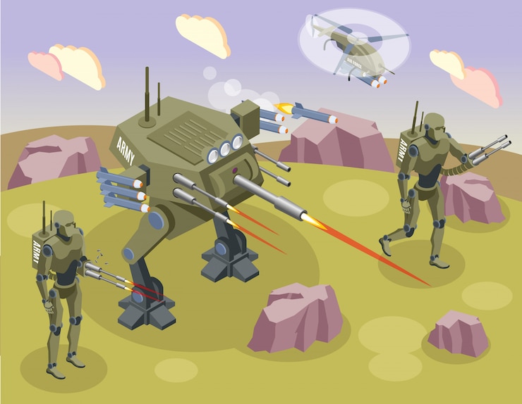 Vettore gratuito robot militari isometrici con soldati combattenti e androidi sul campo di battaglia