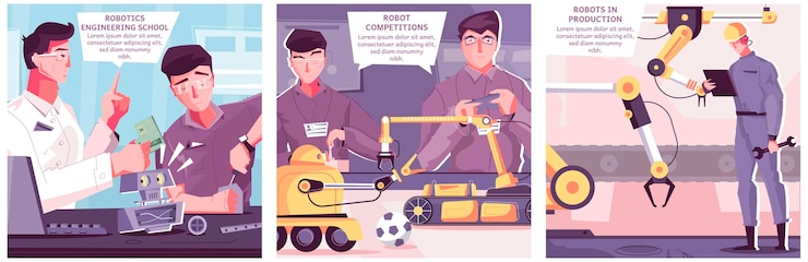 Vettore gratuito robotica con illustrazioni quadrate di personaggi umani in ambienti di laboratorio e industriali con testo