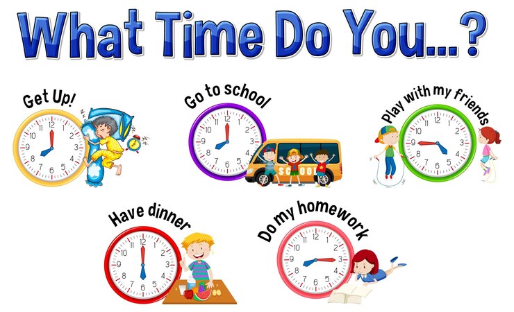 Vettore gratuito routine quotidiana con il tempo e personaggi dei cartoni animati