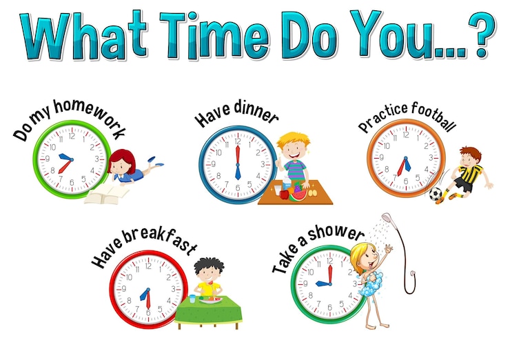 Vettore gratuito routine quotidiana con il tempo e personaggi dei cartoni animati
