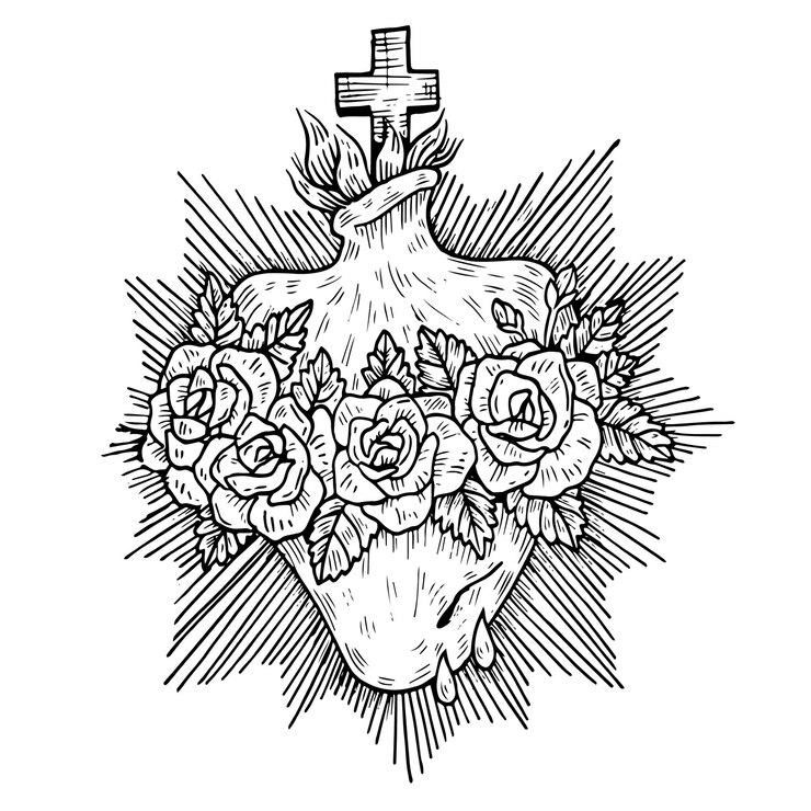 Vettore gratuito sacro cuore religioso in bianco e nero