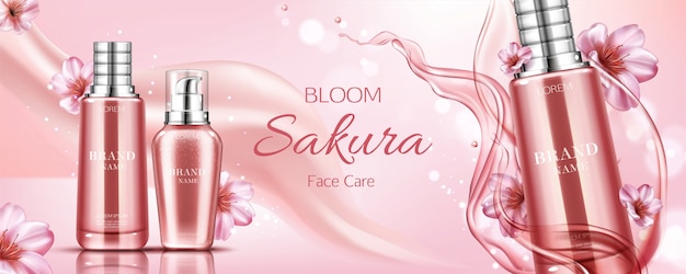 Sakura cosmetici bottiglie banner pubblicitario, cura del viso
