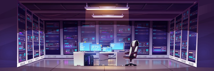 Vettore gratuito sala del data center con hardware server