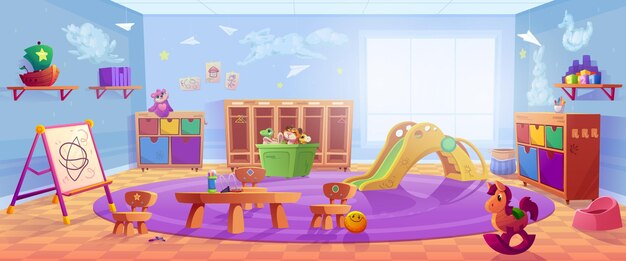Sala giochi della scuola materna con scivolo per armadietti