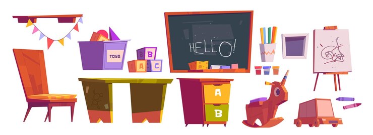 Vettore gratuito sala giochi per bambini o mobili scolastici e attrezzature lavagna, scrivania e sedia, cubetti, giocattoli