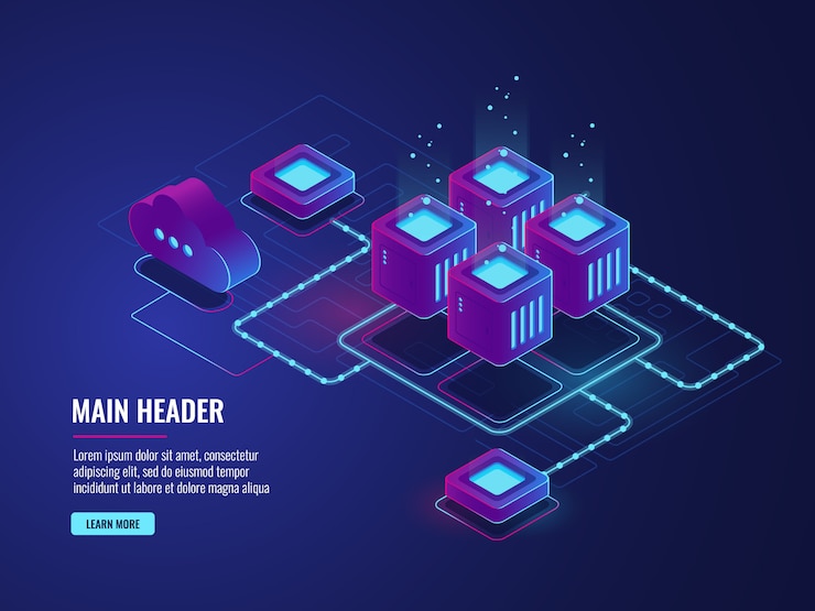 Vettore gratuito sala server, tecnologia di archiviazione cloud, data center di trasmissione e scambio