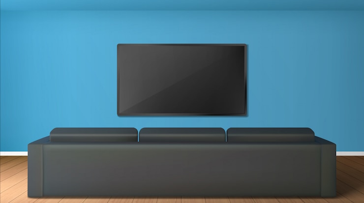 Vettore gratuito salone vuoto con lo schermo della tv sulla parete e la vista posteriore al sofà nero