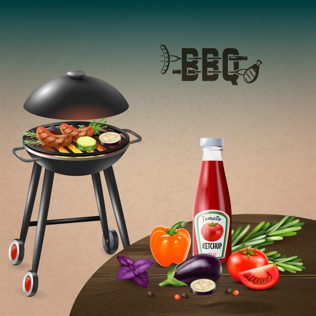 Salsiccie del BBQ che cucinano sulla griglia con l'illustrazione realistica del ketchup e delle verdure