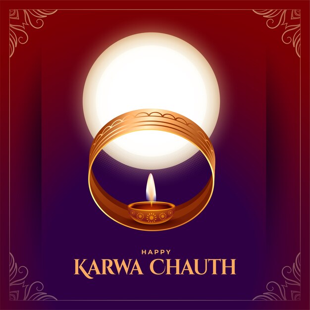 Saluto felice di karwa chauth con sieve diya e luna