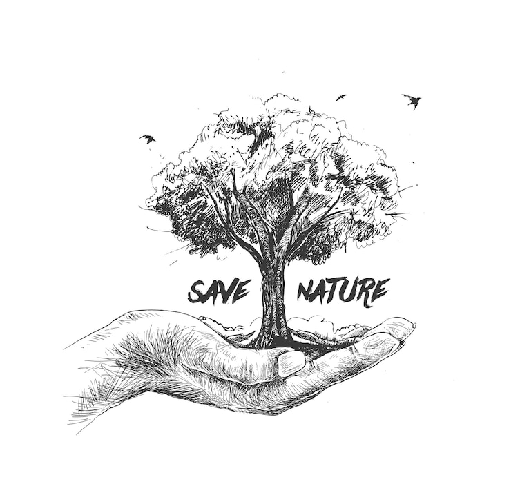 Vettore gratuito salva la natura mano umana che tiene albero su sfondo bianco concetto di ecologia e giornata della terra