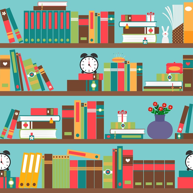 Vettore gratuito scaffale con libri in stile piatto