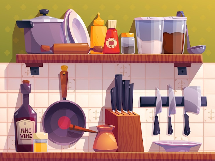 Vettore gratuito scaffale di cucina con illustrazione interna vettoriale di ciotole utensili da cucina da cucina mobili per la casa decorazione a cartone animato con piastrelle per parete stoviglie disposte con coltello appeso padella e posate sugli scaffali