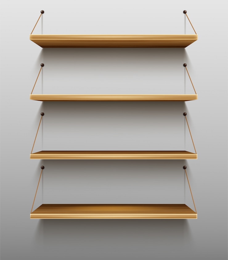 Vettore gratuito scaffali di legno vuoti sugli scaffali della parete per i libri