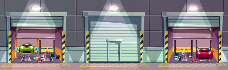 Vettore gratuito scatola del meccanico del fumetto con auto su ascensore, riparazione del veicolo.