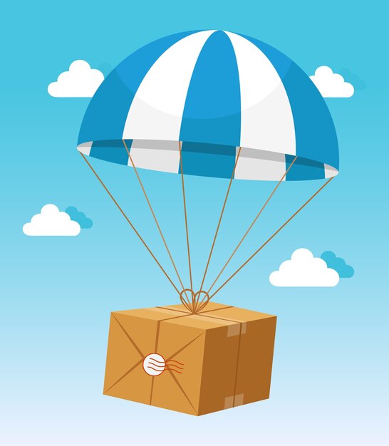 Scatola di cartone di consegna della holding del paracadute blu e bianco su sfondo azzurro del cielo