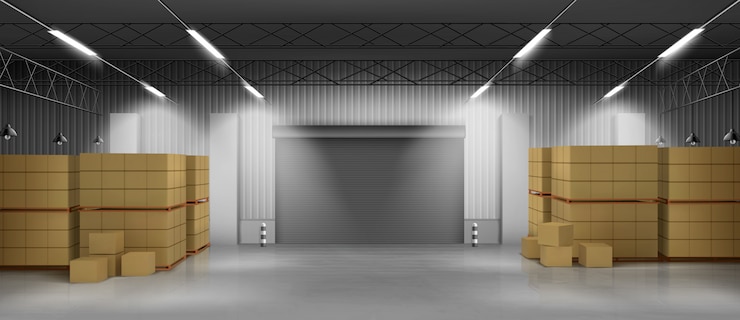 Vettore gratuito scatole di cartone nel vettore realistico del magazzino 3d