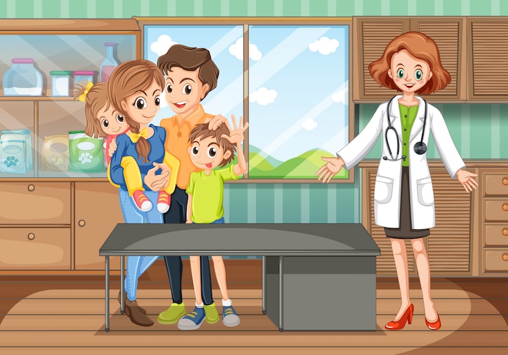 Vettore gratuito scena clinica con dottore e famiglia