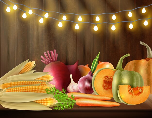 Scena colorata di giorno del ringraziamento con natura morta di verdure sulla tavola e luci all'illustrazione superiore di vettore