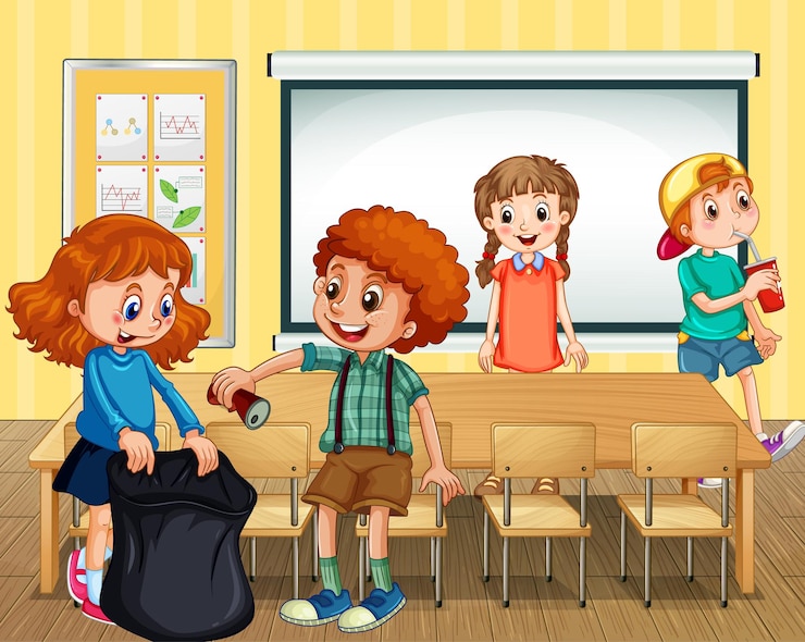 Vettore gratuito scena con studenti che puliscono la classe insieme
