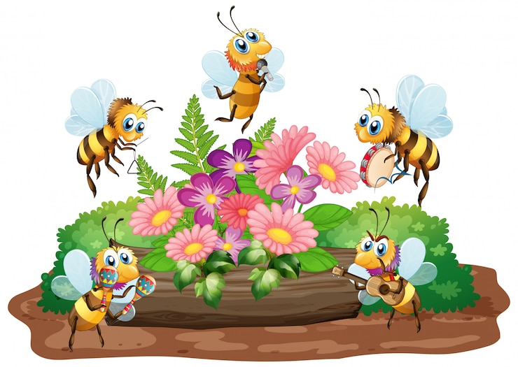 Vettore gratuito scena del giardino con molte api che volano sul fondo bianco