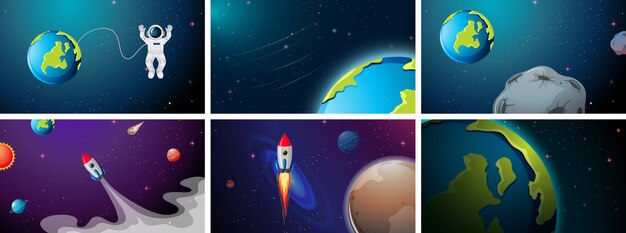 Scena del pianeta, del razzo e dell'astronauta