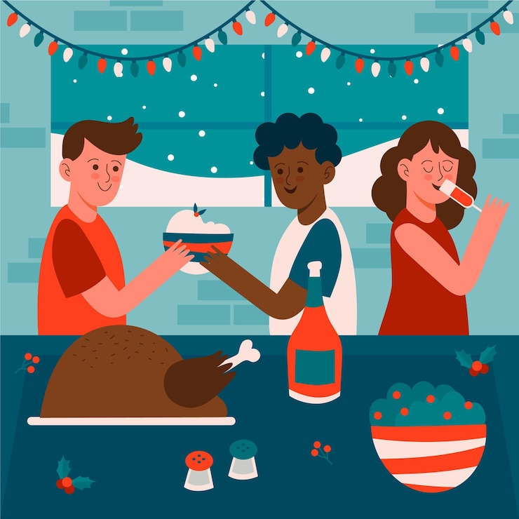 Vettore gratuito scena del pranzo di natale illustrata