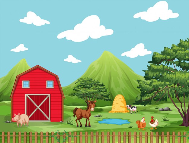 Scena dell&#39;azienda agricola con maiale, cavallo, polli, stagno, acqua e mucca con la pila del fieno
