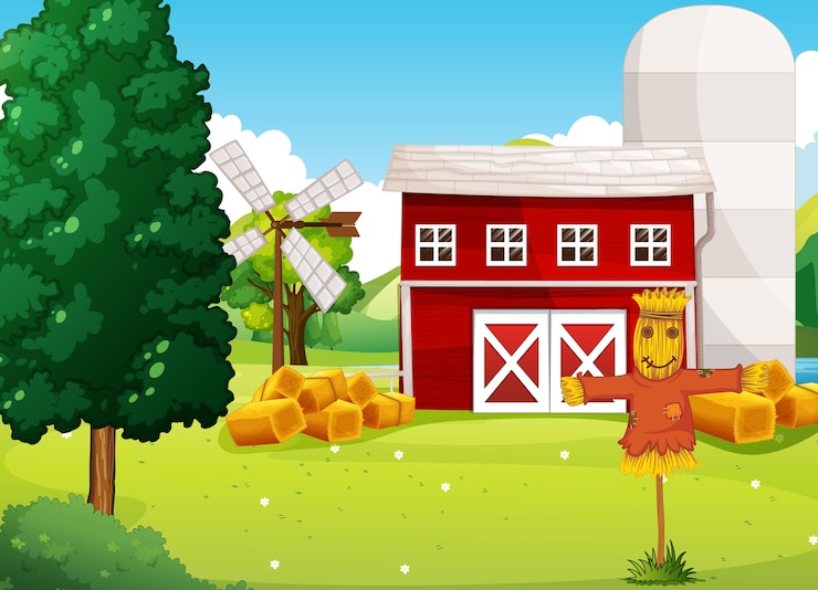 Vettore gratuito scena dell'azienda agricola in natura con fabbrica agricola e spaventapasseri