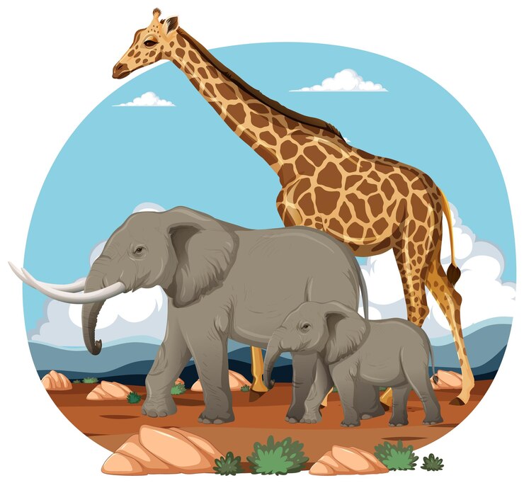 Vettore gratuito scena della fauna selvatica africana con giraffe ed elefanti