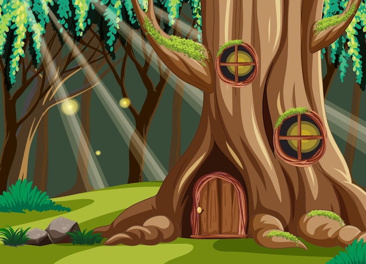 Vettore gratuito scena della foresta con casa sull'albero all'interno del tronco d'albero