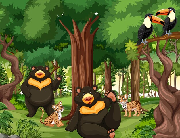 Scena della foresta con vari animali selvatici