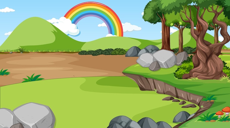 Vettore gratuito scena della foresta naturale con arcobaleno nel cielo