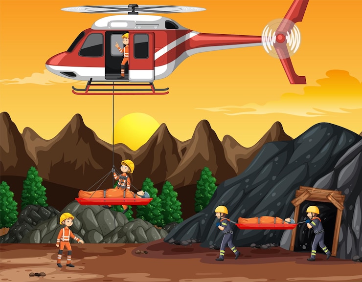 Vettore gratuito scena della grotta con salvataggio dei vigili del fuoco in stile cartone animato