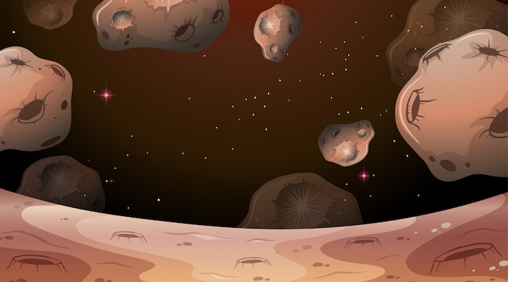 Vettore gratuito scena della luna con sfondo di asteroidi