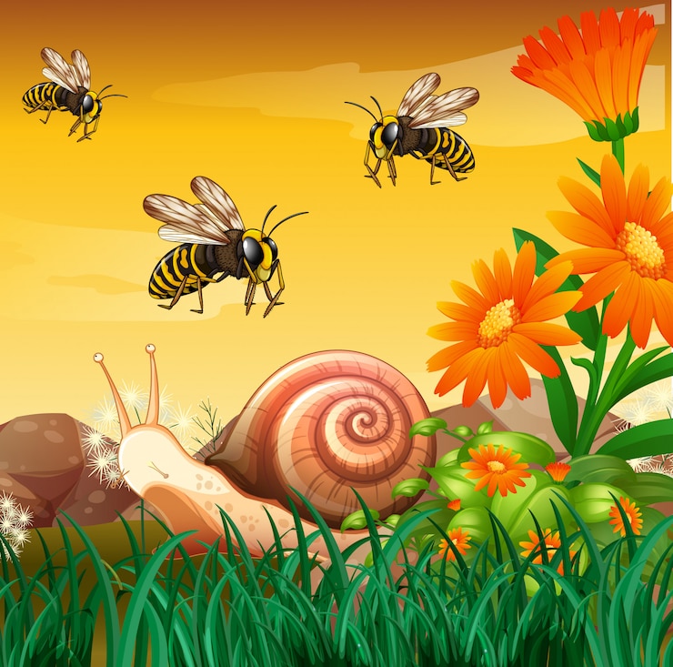 Vettore gratuito scena della natura con api e lumaca
