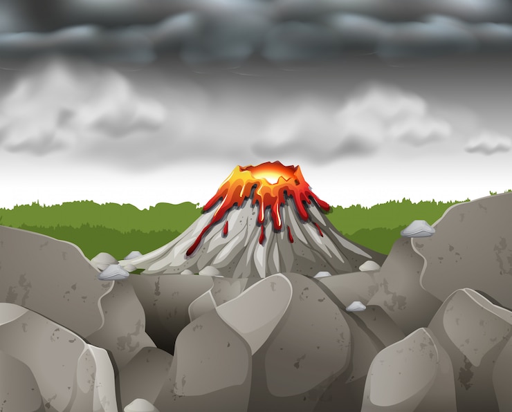 Vettore gratuito scena della natura con cielo scuro sopra il vulcano