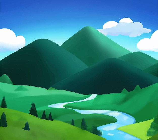 Scena della natura con fiume e colline, foresta e montagna, illustrazione piana di stile del fumetto del paesaggio
