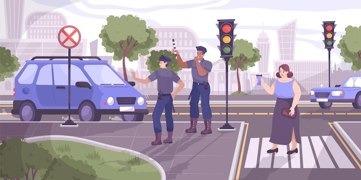 Vettore gratuito scena della polizia stradale con l'illustrazione piana del segnale di arresto