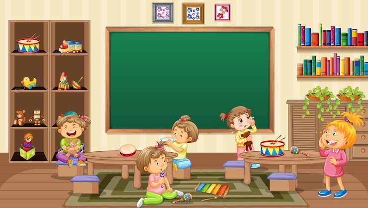 Vettore gratuito scena della scuola materna con tanti bambini piccoli