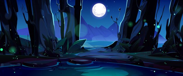 Scena della valle di notte di montagna con il lago sotto la luna