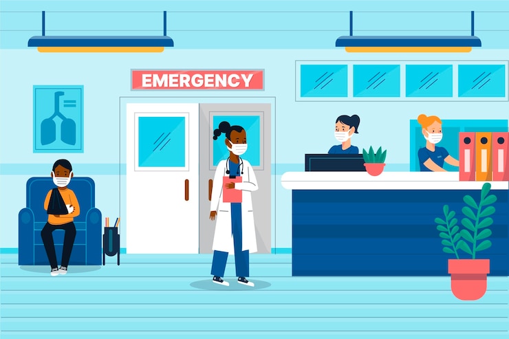Vettore gratuito scena di accoglienza in ospedale disegnata a mano con persone che indossano maschere facciali