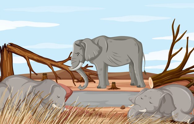 Scena di deforestazione con elefante morente